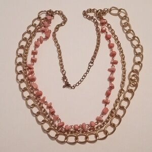 #938.  Gold Toned And Coral Colored Acrylic Rosary Style, Multi Strand Necklace.